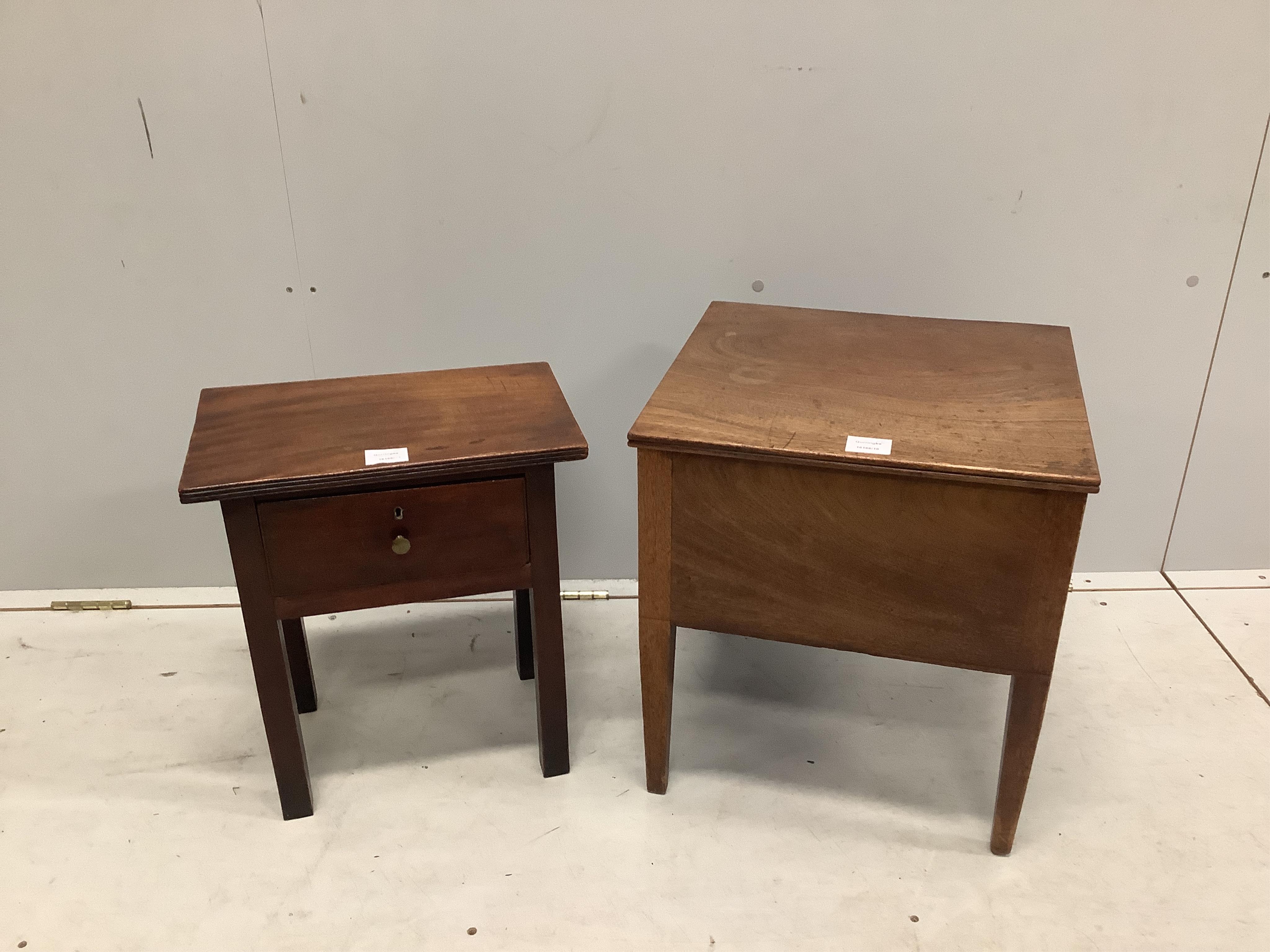 A George III mahogany square topped commode, width 42cm, depth 40cm, height 46cm together with a small mahogany stool/table. Condition - fair